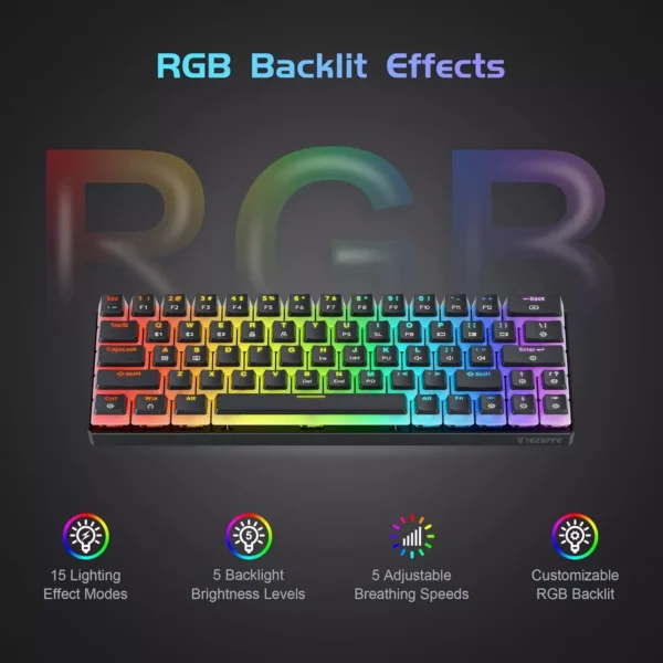 Tezarre TK63 Wireless Keyboard Bluetooth/2.4G/USB Wired 60% Mechanical Gaming Keyboard RGB Backlit PBT Pudding Keycaps Hot-Swappable - Image 3