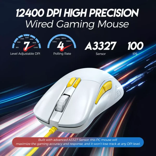 ZIDLI M85 RGB Gaming Mouse – Optical Sensor 16,000 DPI – 1000 Hz Polling Rate – Paracord Cable – Lightweigh 68G (White) - Image 2